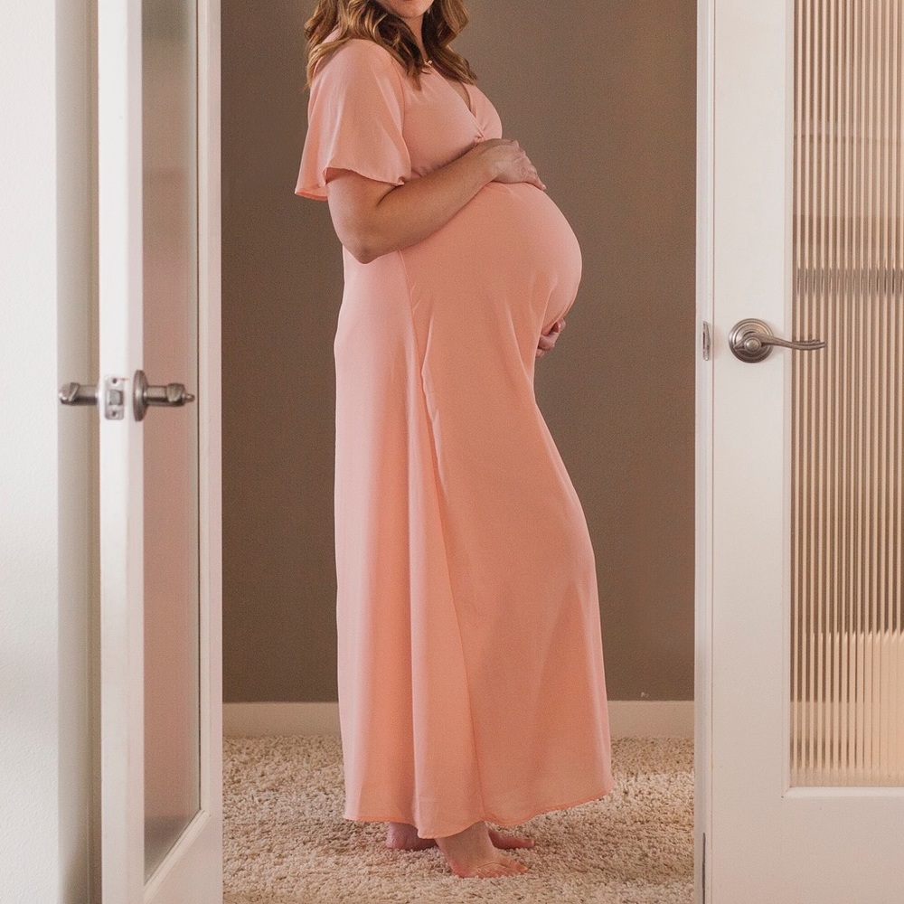 Light pink chiffon bell sleeve maxi dress